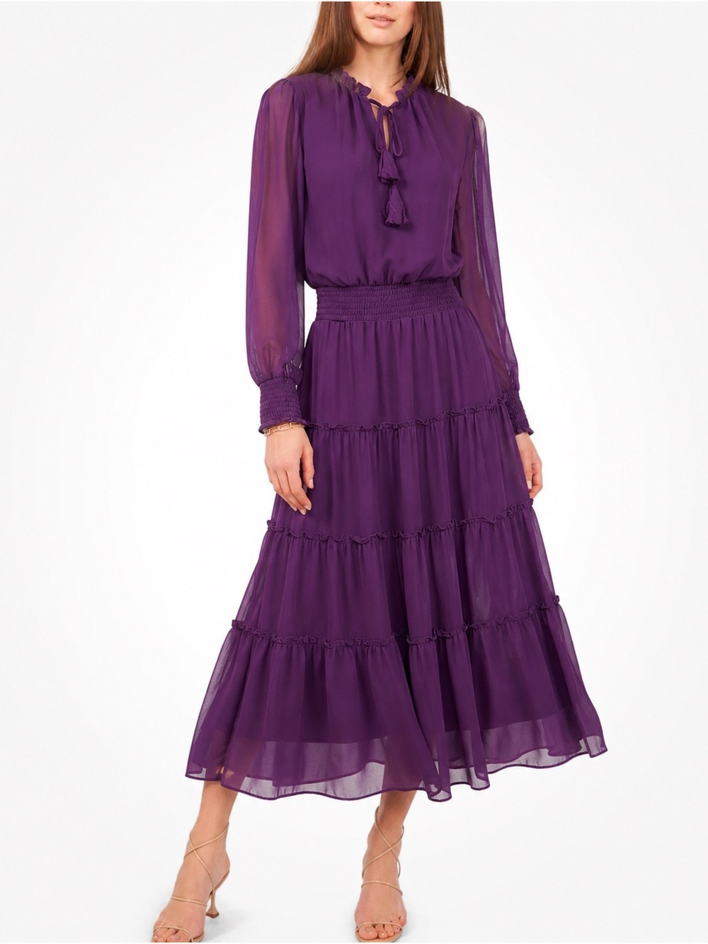 1 State Purple Smocked Tiered Midi Dress Boho Romantic Size S